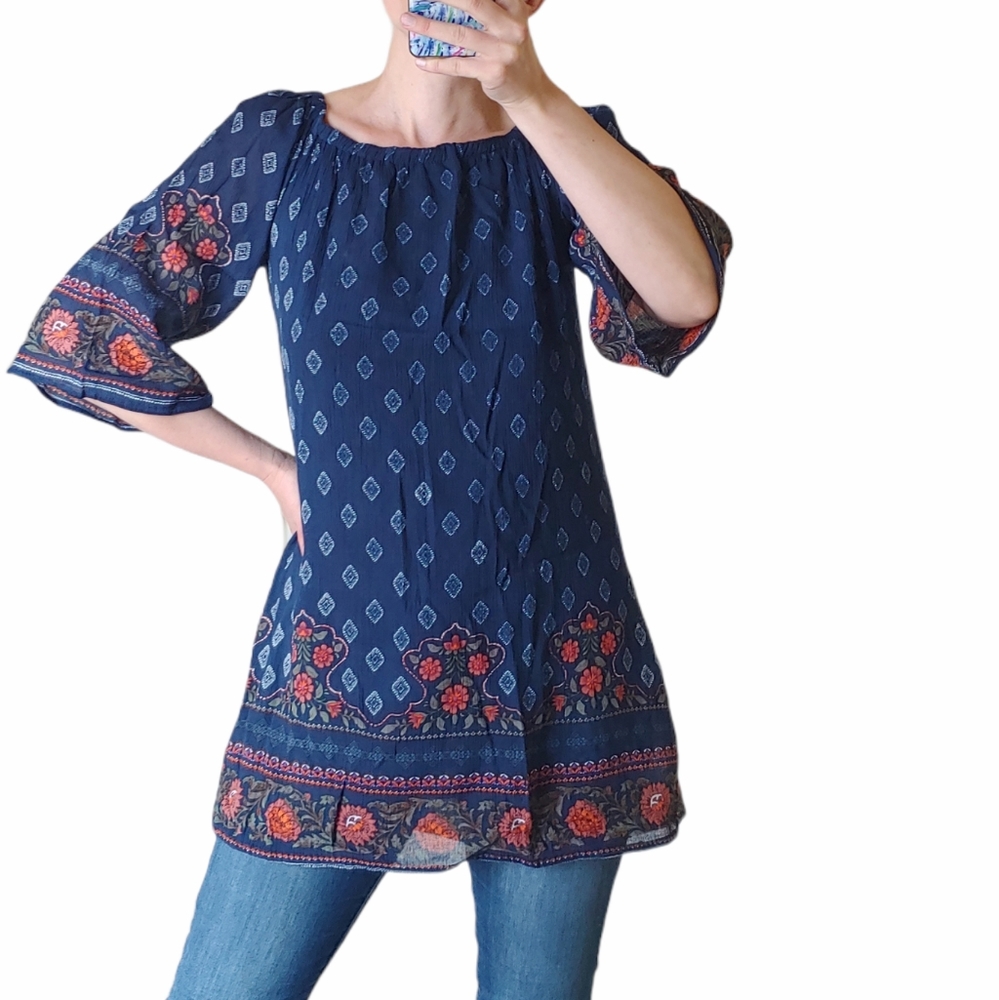 Lapogee boho floral top blouse blue rayon tunic size Small